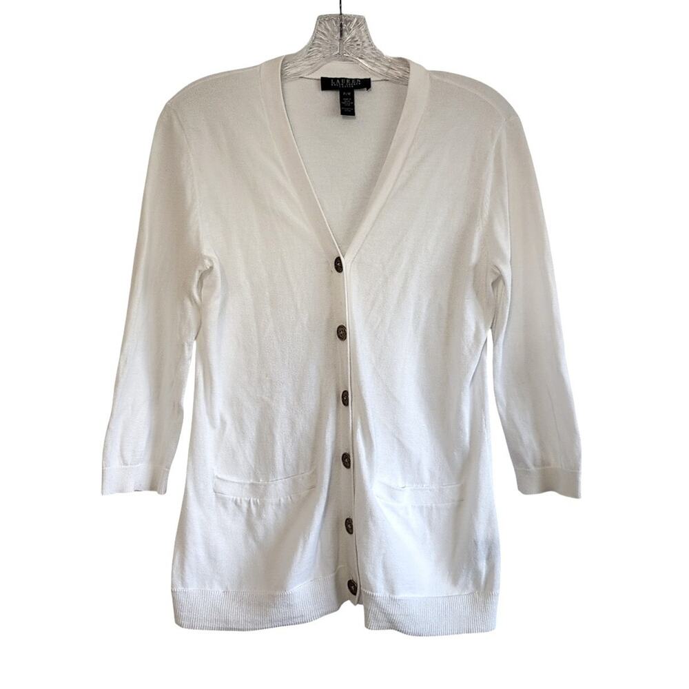 Lauren Ralph Lauren White Cotton Cardigan Size P/M Preppy Casual Lightweight